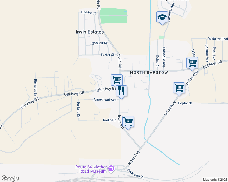 map of restaurants, bars, coffee shops, grocery stores, and more near 29291 Old Highway 58 in Barstow