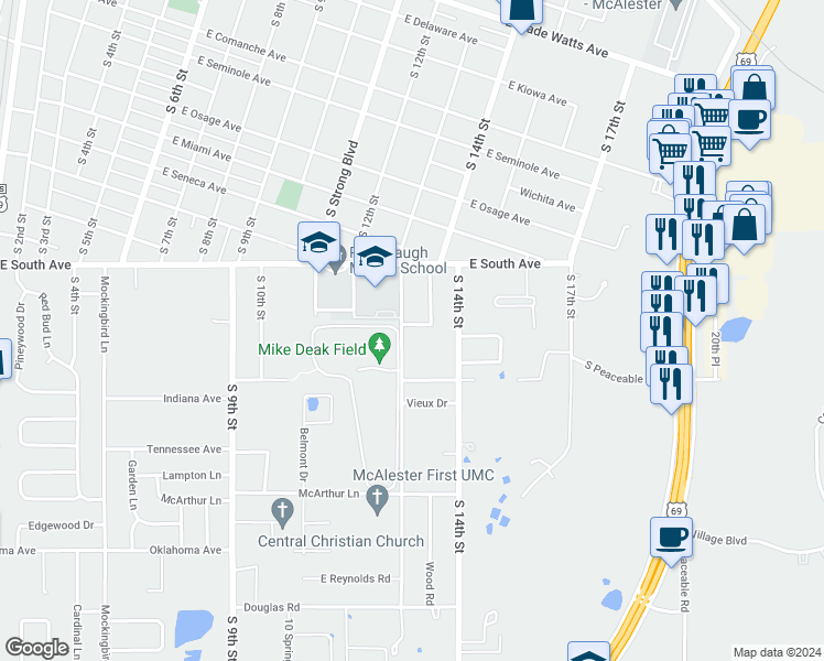 map of restaurants, bars, coffee shops, grocery stores, and more near 1304 Fairview Avenue in McAlester