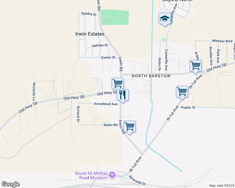 map of restaurants, bars, coffee shops, grocery stores, and more near 29291 Old Highway 58 in Barstow