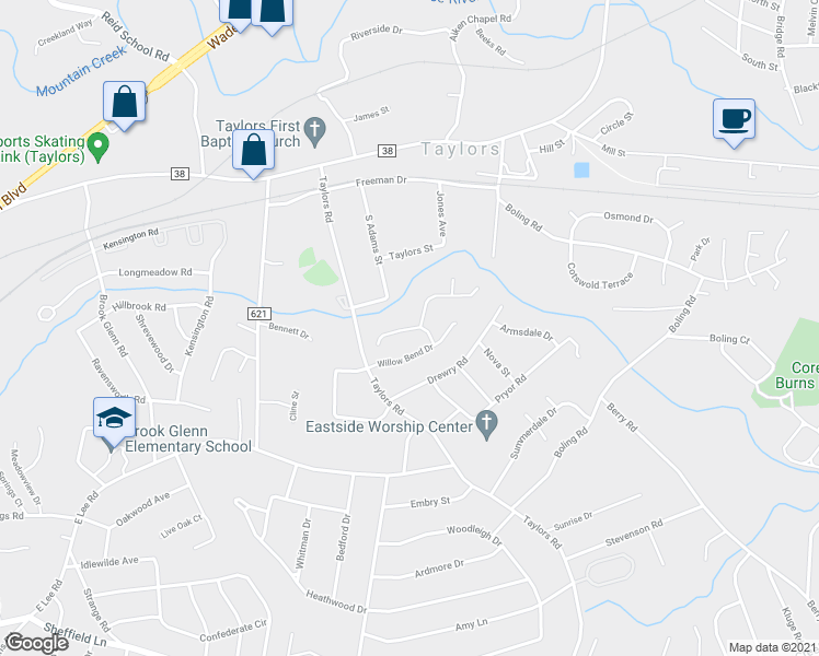 map of restaurants, bars, coffee shops, grocery stores, and more near 103 White Willow Court in Taylors