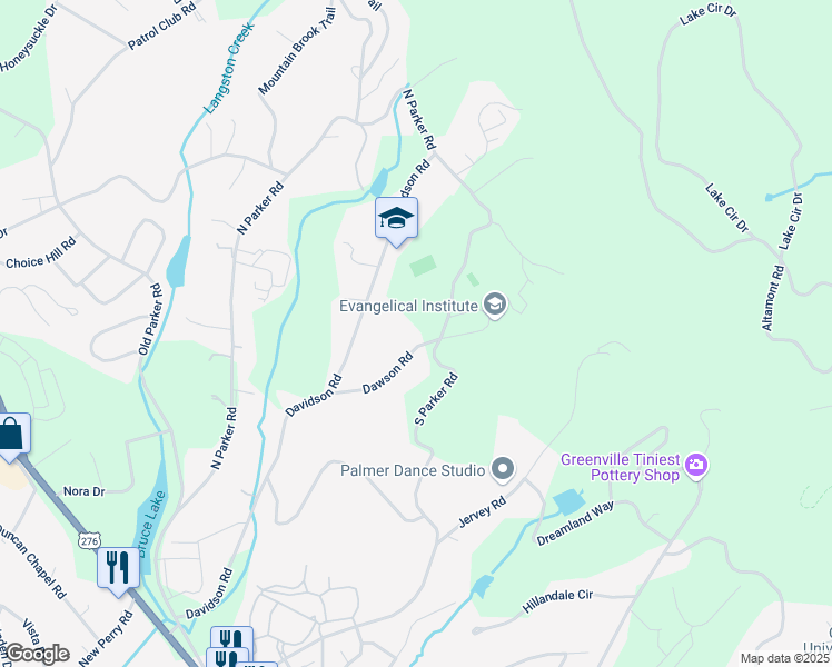 map of restaurants, bars, coffee shops, grocery stores, and more near 19 Dawson Road in Greenville