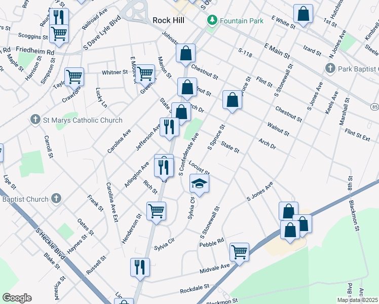 map of restaurants, bars, coffee shops, grocery stores, and more near 753 South Confederate Avenue in Rock Hill