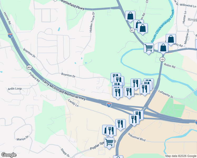 map of restaurants, bars, coffee shops, grocery stores, and more near 9 Arrowhead Lane in Ringgold