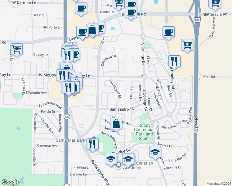 map of restaurants, bars, coffee shops, grocery stores, and more near 450 Playa Blanca Street in Santa Maria