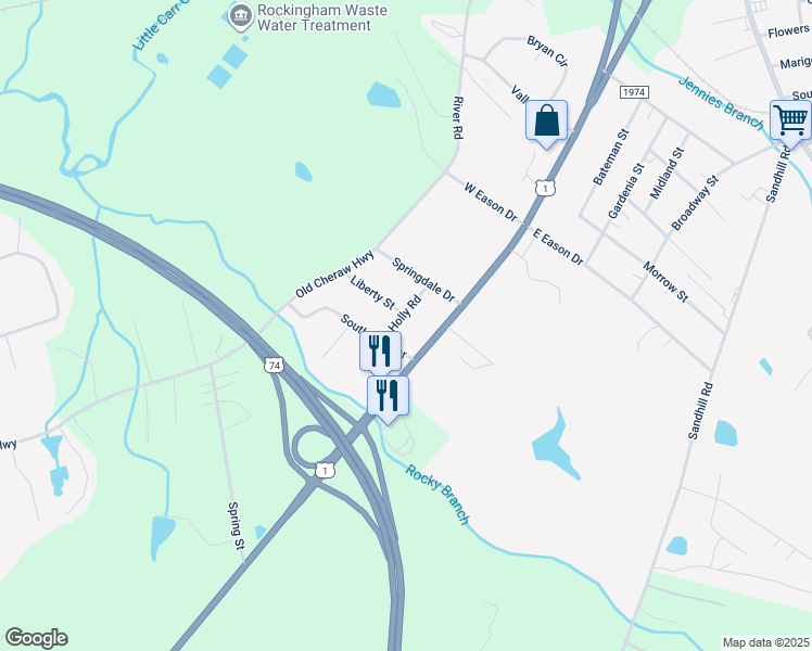 map of restaurants, bars, coffee shops, grocery stores, and more near 123 Holly Road in Rockingham