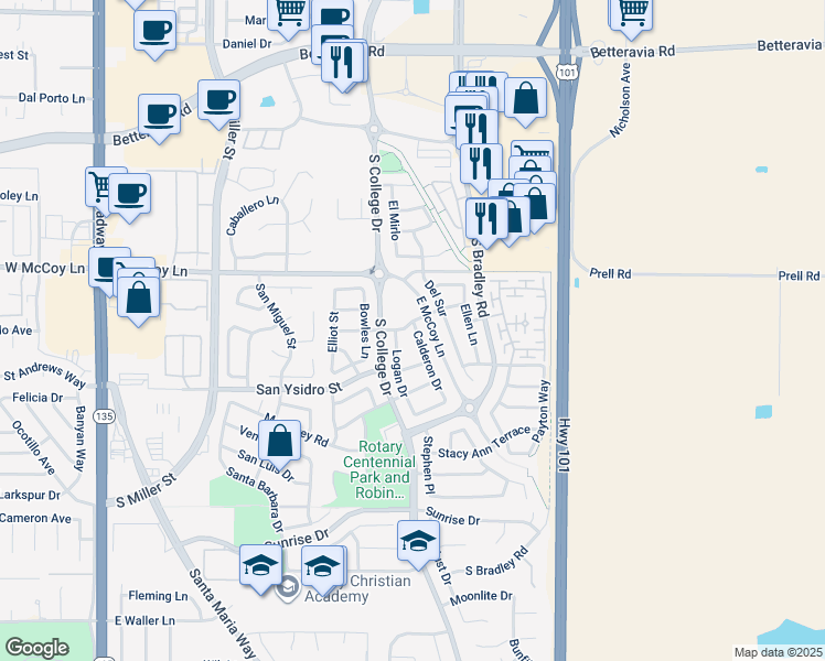 map of restaurants, bars, coffee shops, grocery stores, and more near 2505 Calderon Drive in Santa Maria