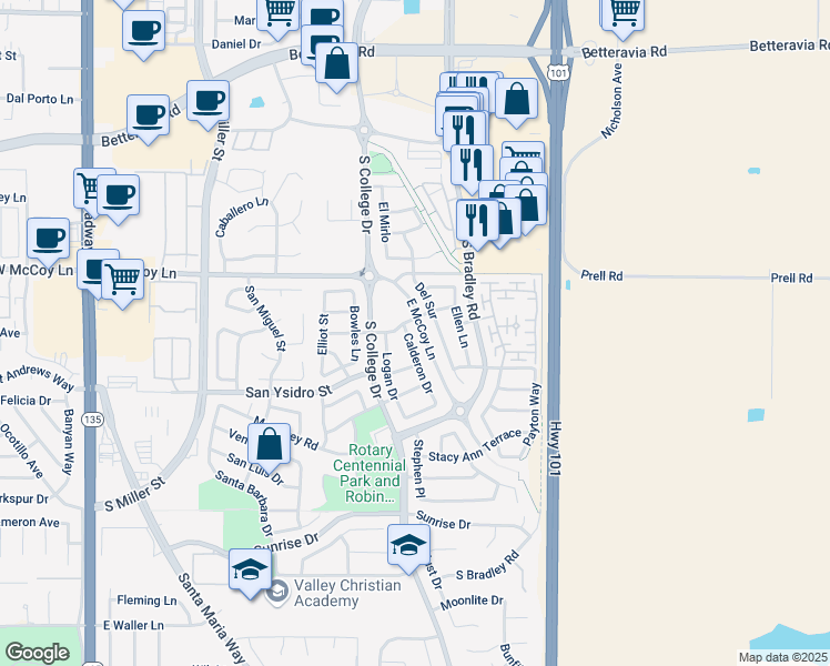 map of restaurants, bars, coffee shops, grocery stores, and more near 2544 Calderon Drive in Santa Maria
