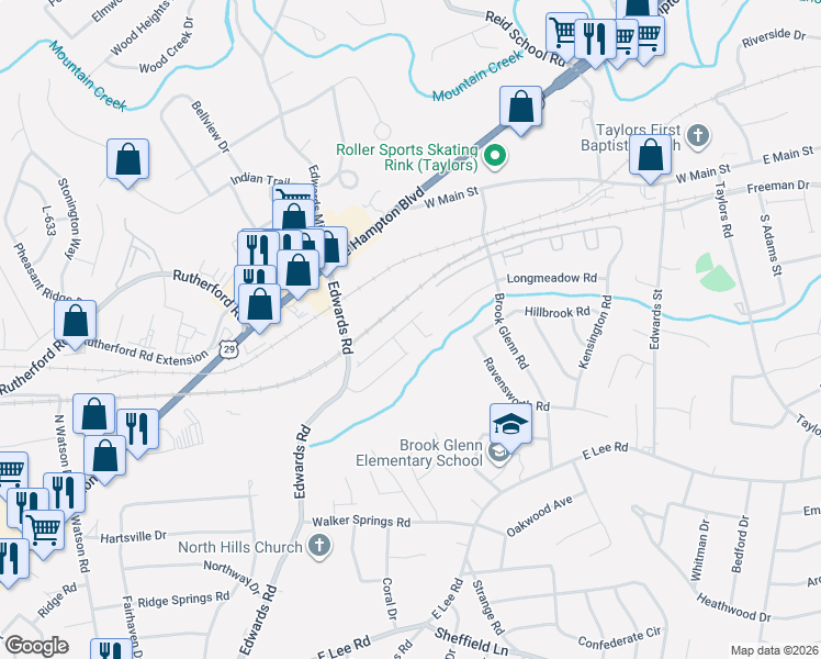 map of restaurants, bars, coffee shops, grocery stores, and more near 5202 Edwards Road in Taylors