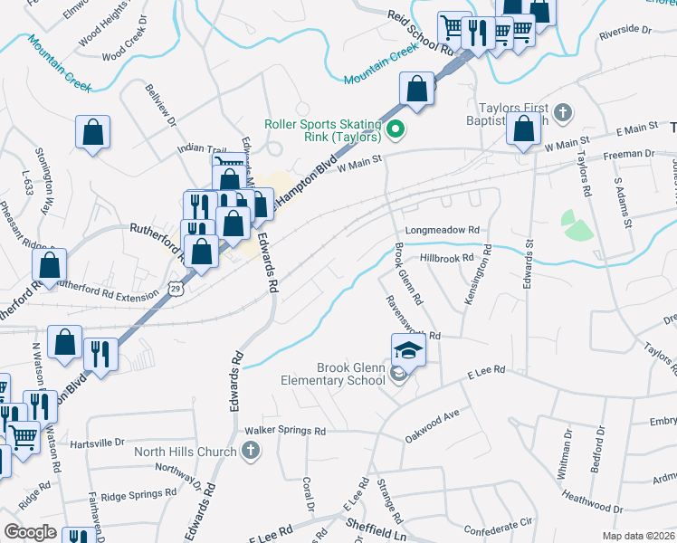 map of restaurants, bars, coffee shops, grocery stores, and more near 112 Longmeadow Road in Taylors
