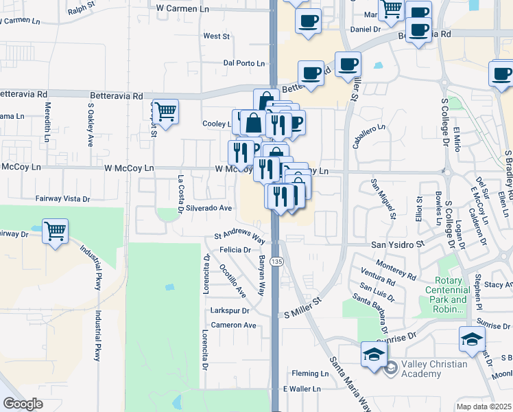 map of restaurants, bars, coffee shops, grocery stores, and more near 2445 South Broadway in Santa Maria