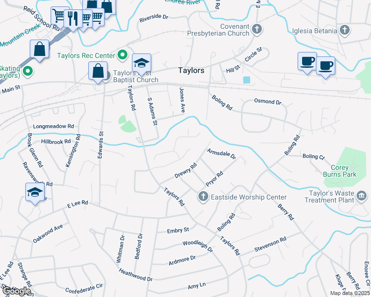 map of restaurants, bars, coffee shops, grocery stores, and more near 107 Willow Bend Drive in Taylors