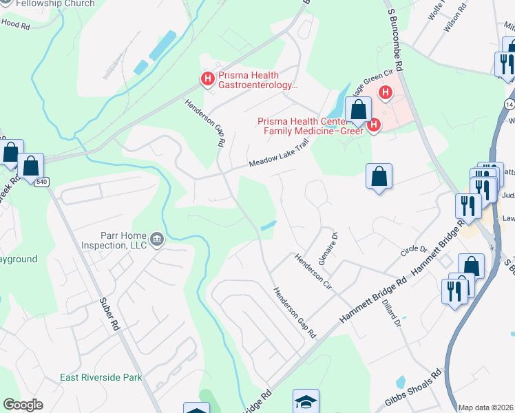 map of restaurants, bars, coffee shops, grocery stores, and more near 1379 Henderson Gap Road in Greer