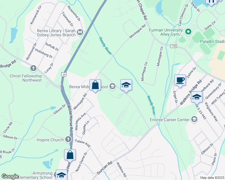 map of restaurants, bars, coffee shops, grocery stores, and more near 151 Berea Middle School Road in Greenville