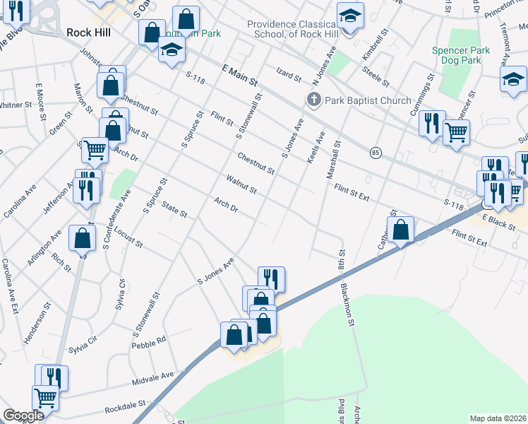 map of restaurants, bars, coffee shops, grocery stores, and more near 506 South Jones Avenue in Rock Hill