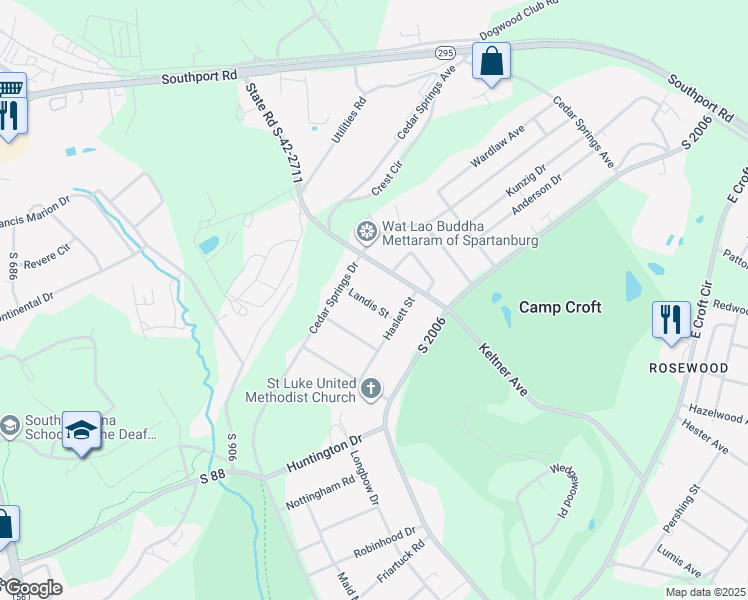 map of restaurants, bars, coffee shops, grocery stores, and more near 130 Landis Street in Spartanburg