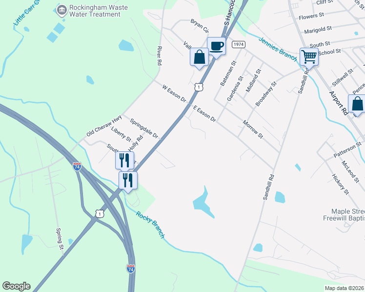 map of restaurants, bars, coffee shops, grocery stores, and more near 403 US Highway 1 South in Rockingham