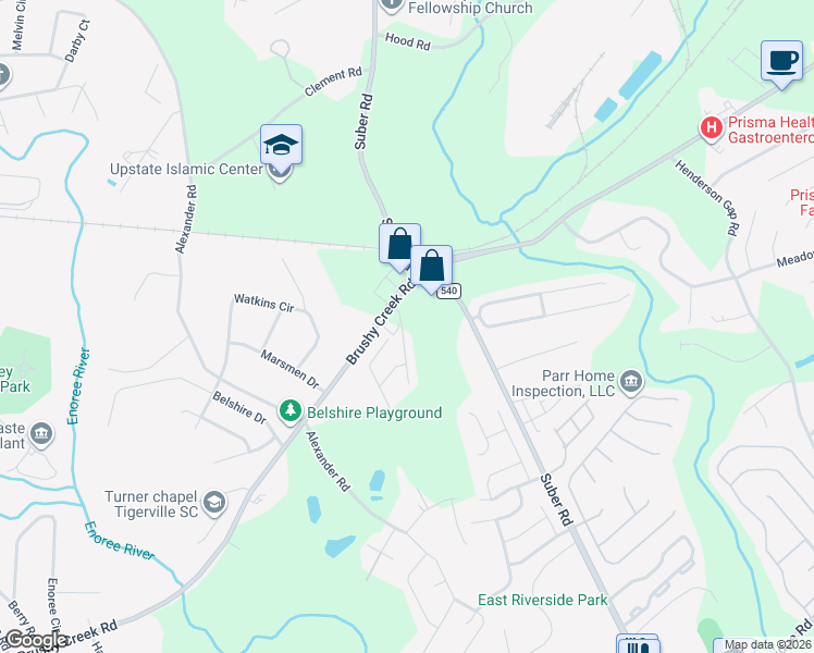 map of restaurants, bars, coffee shops, grocery stores, and more near 3130 Brushy Creek Road in Greer
