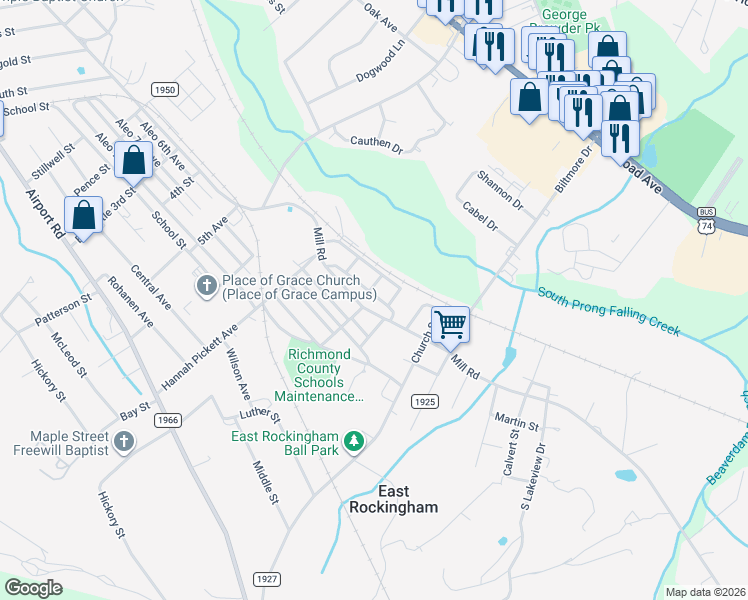 map of restaurants, bars, coffee shops, grocery stores, and more near 26 1st Avenue in Rockingham