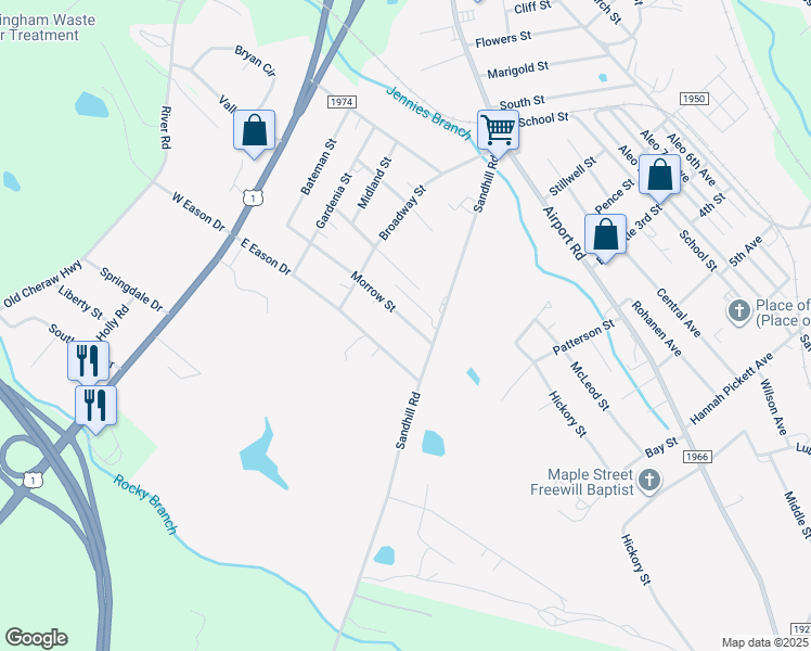 map of restaurants, bars, coffee shops, grocery stores, and more near 168 Morrow Street in Rockingham