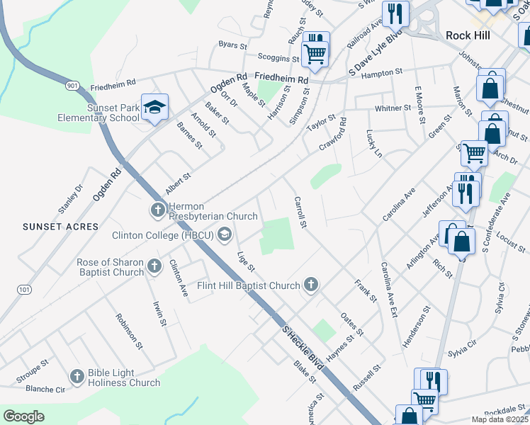 map of restaurants, bars, coffee shops, grocery stores, and more near 211 Simrill Street in Rock Hill