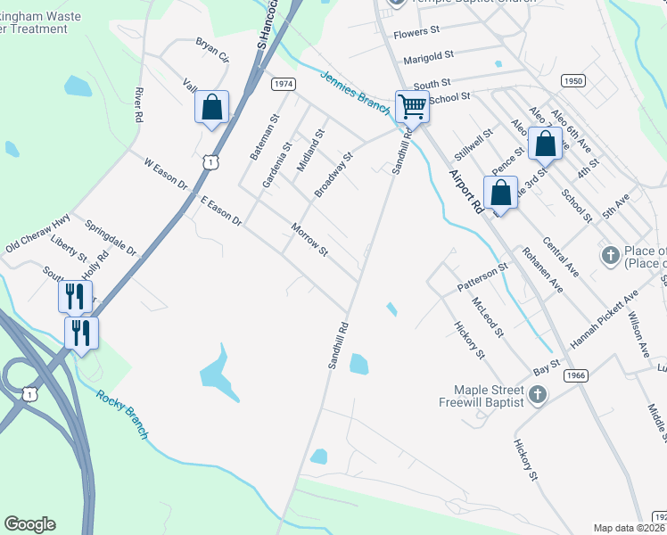 map of restaurants, bars, coffee shops, grocery stores, and more near 161 Morrow Street in Rockingham