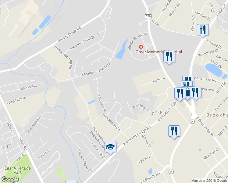 map of restaurants, bars, coffee shops, grocery stores, and more near 135 Quail Creek Drive in Greer