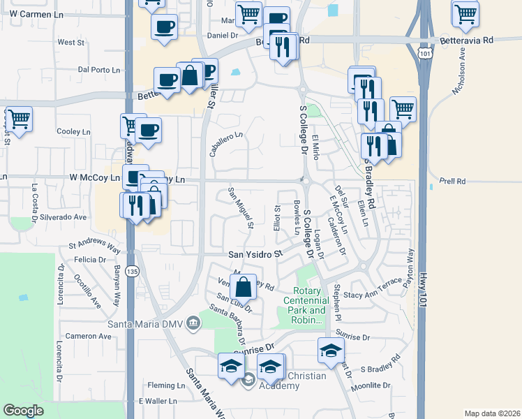 map of restaurants, bars, coffee shops, grocery stores, and more near 545 Santa Cruz Court in Santa Maria