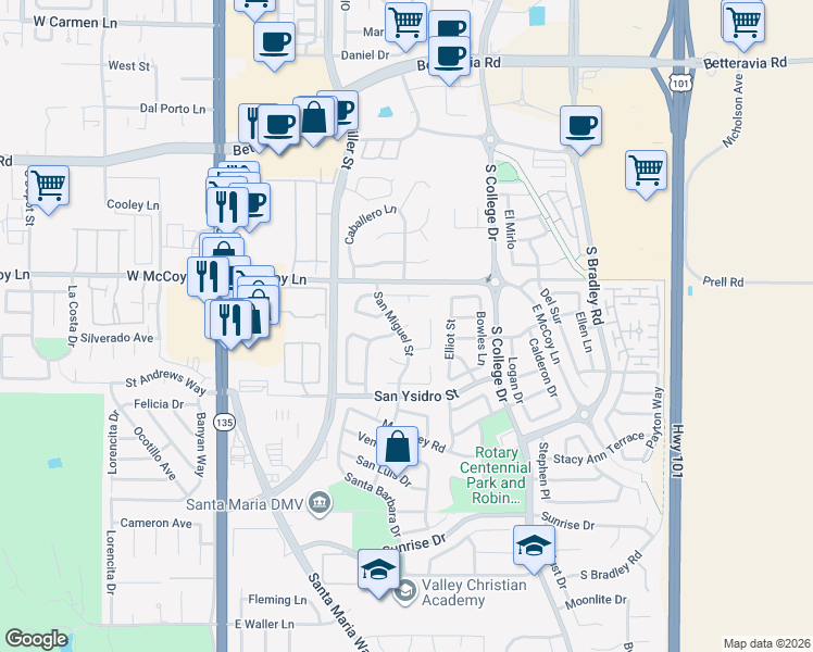 map of restaurants, bars, coffee shops, grocery stores, and more near 416 Playa Blanca Street in Santa Maria