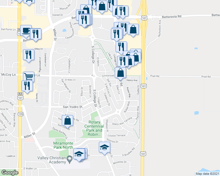 map of restaurants, bars, coffee shops, grocery stores, and more near 2503 Del Sur in Santa Maria