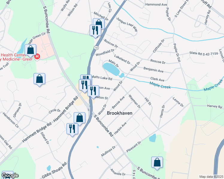 map of restaurants, bars, coffee shops, grocery stores, and more near 243 Wood Drive in Greer