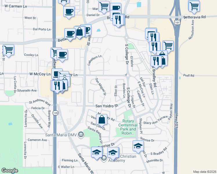 map of restaurants, bars, coffee shops, grocery stores, and more near 545 Santa Cruz Court in Santa Maria