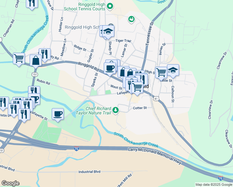 map of restaurants, bars, coffee shops, grocery stores, and more near 796 Lafayette Street in Ringgold