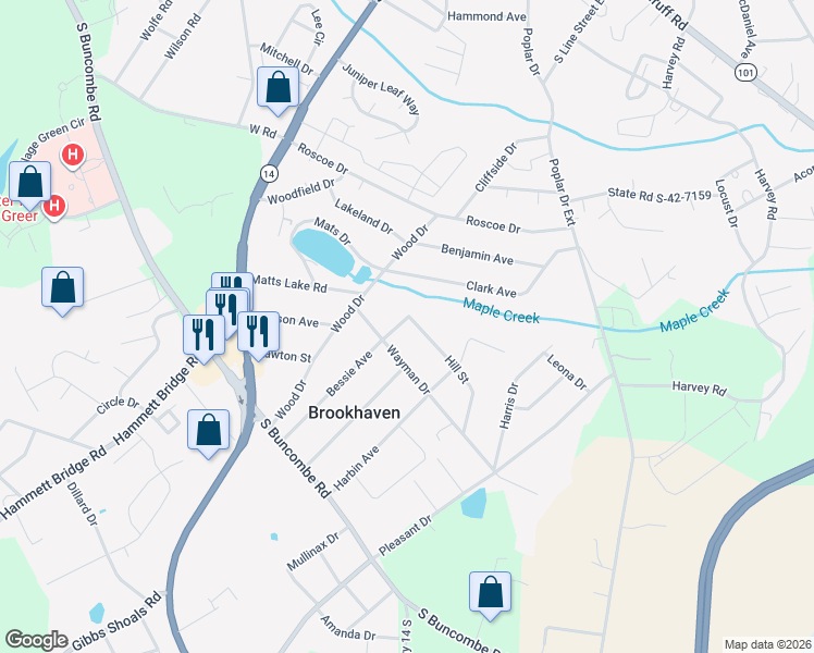 map of restaurants, bars, coffee shops, grocery stores, and more near 101 Muse Circle in Greer