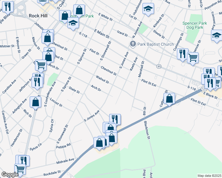 map of restaurants, bars, coffee shops, grocery stores, and more near South Jones Avenue in Rock Hill