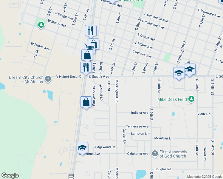 map of restaurants, bars, coffee shops, grocery stores, and more near 1510 South 4th Street in McAlester