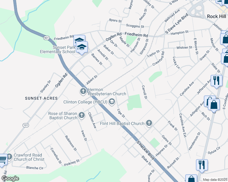 map of restaurants, bars, coffee shops, grocery stores, and more near 970 Crawford Road in Rock Hill