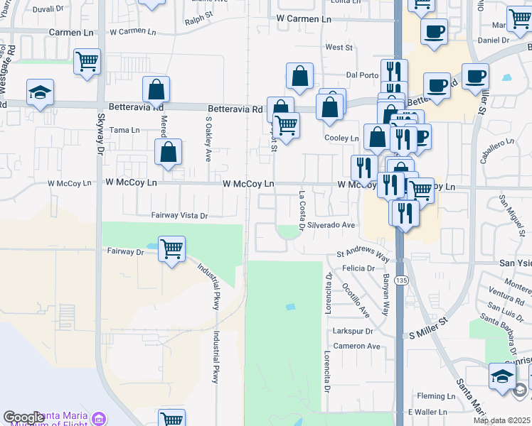 map of restaurants, bars, coffee shops, grocery stores, and more near 712 Riviera Lane in Santa Maria