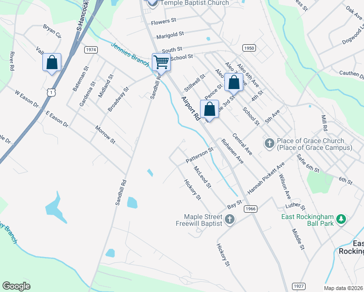 map of restaurants, bars, coffee shops, grocery stores, and more near 119 Grant Street in Rockingham