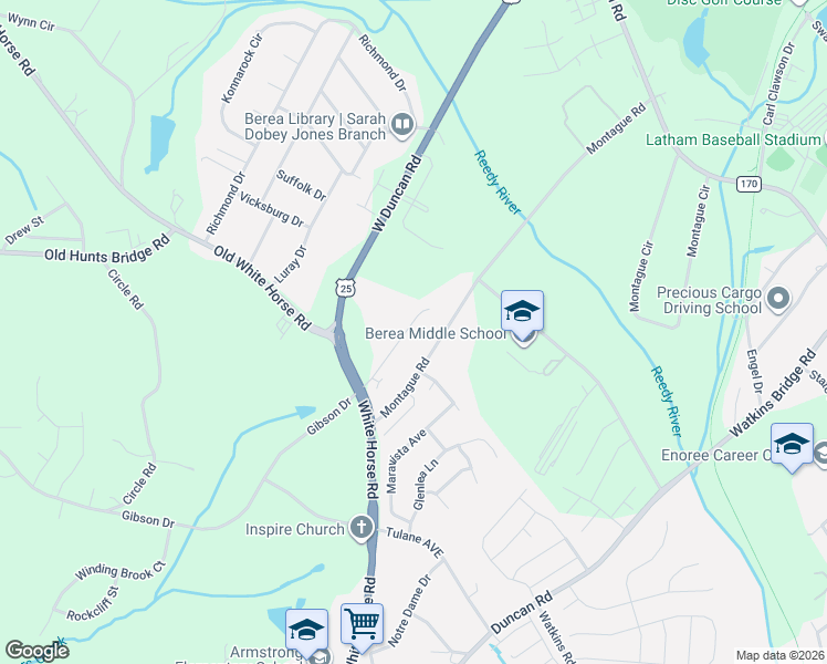 map of restaurants, bars, coffee shops, grocery stores, and more near 125 Montague Drive in Greenville