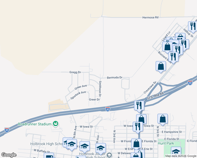 map of restaurants, bars, coffee shops, grocery stores, and more near 1401 Bermuda Drive in Holbrook