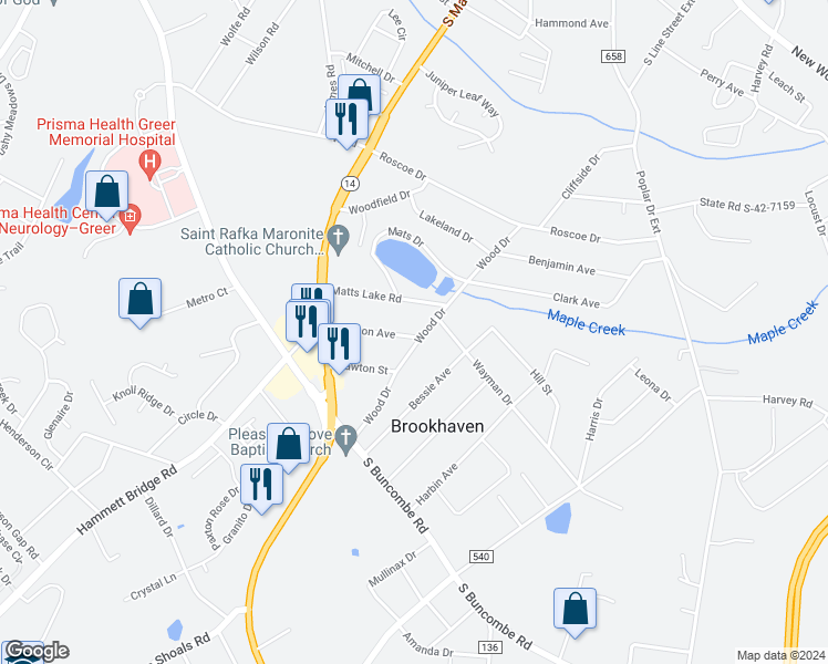 map of restaurants, bars, coffee shops, grocery stores, and more near 301 Wood Drive in Greer