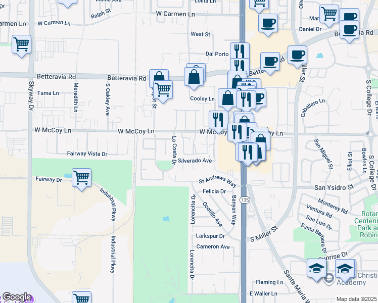 map of restaurants, bars, coffee shops, grocery stores, and more near 2491 Village Green in Santa Maria