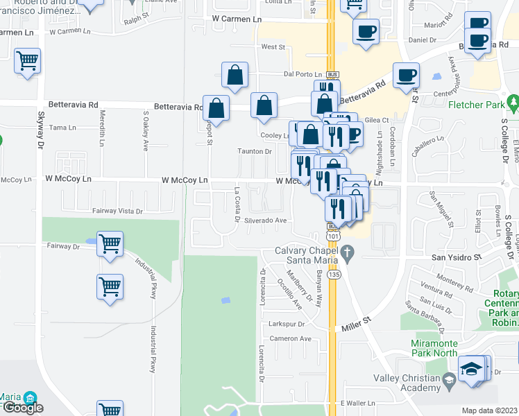 map of restaurants, bars, coffee shops, grocery stores, and more near 2487 Village Green in Santa Maria