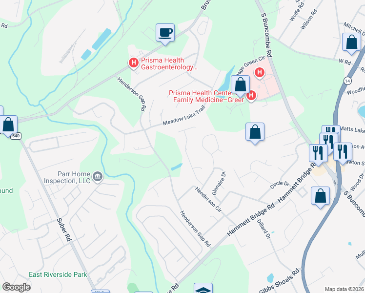 map of restaurants, bars, coffee shops, grocery stores, and more near 119 Glencreek Drive in Greer