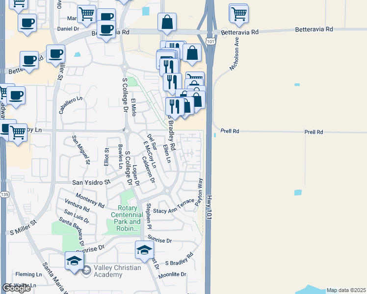 map of restaurants, bars, coffee shops, grocery stores, and more near 2460 S Rubel Way in Santa Maria