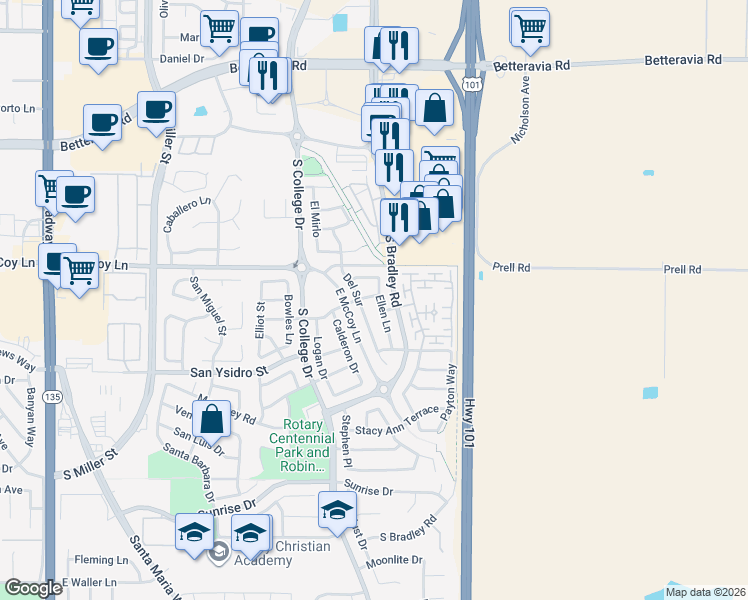 map of restaurants, bars, coffee shops, grocery stores, and more near 2501 Ellen Lane in Santa Maria