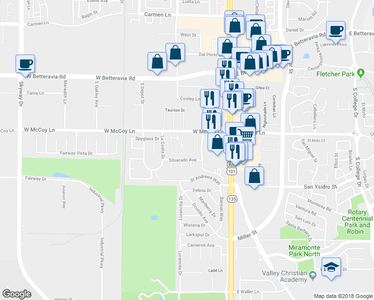 map of restaurants, bars, coffee shops, grocery stores, and more near 2482 Village Green in Santa Maria