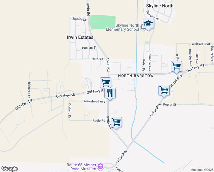 map of restaurants, bars, coffee shops, grocery stores, and more near 36622 Irwin Road in Barstow