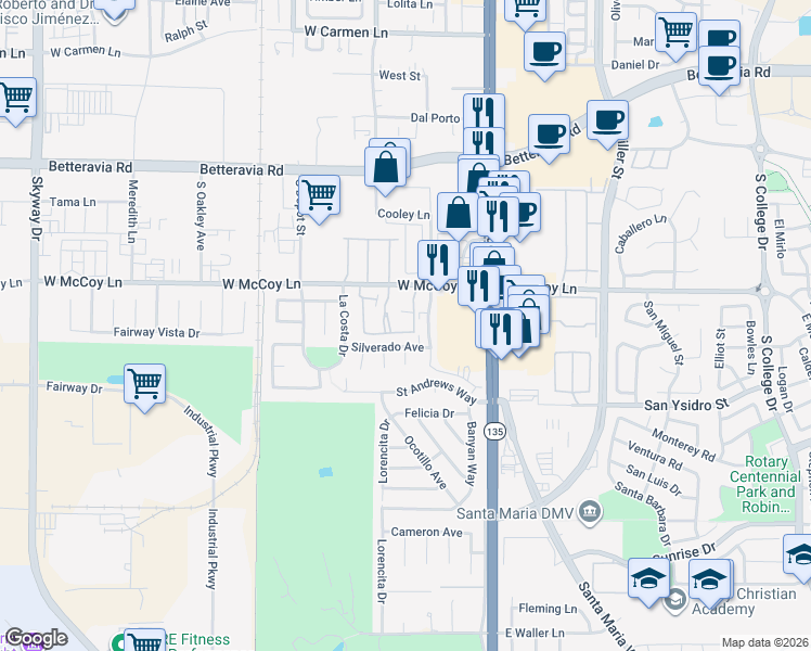 map of restaurants, bars, coffee shops, grocery stores, and more near in Santa Maria