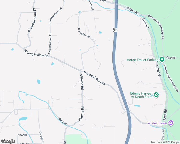 map of restaurants, bars, coffee shops, grocery stores, and more near 990 North Long Hollow Road in Chickamauga